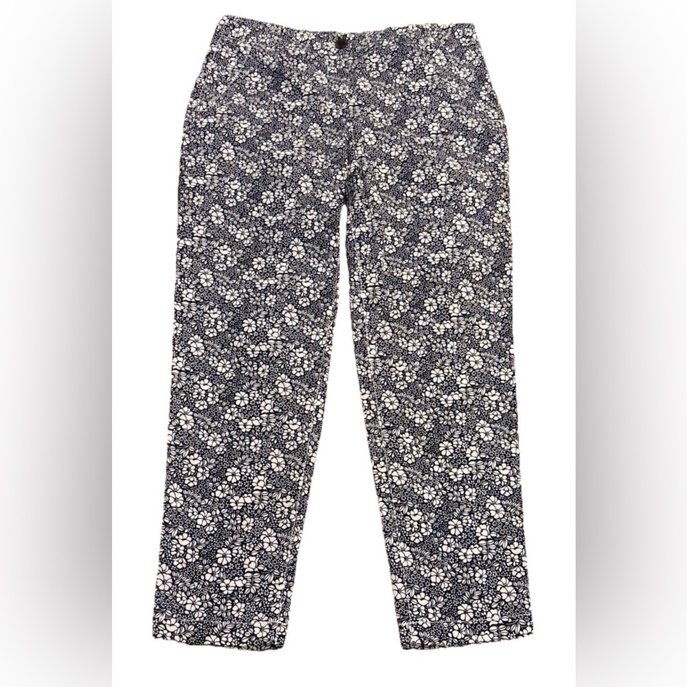 Talbots Navy Blue White Floral Print Straight Leg Pants Mid Rise Petite Size 8P